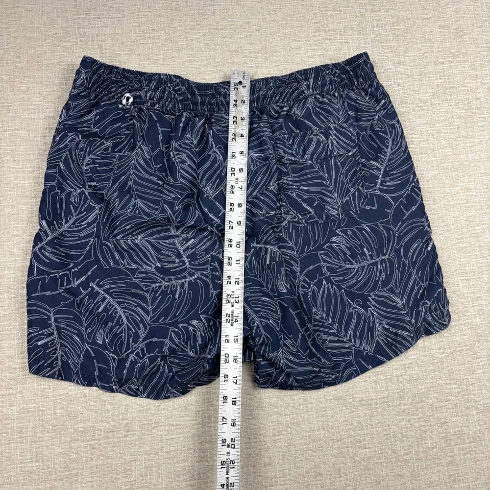 Mens Navy Blue Monstera Leaf Print Swim Trunks Drawstring Board Shorts Size L